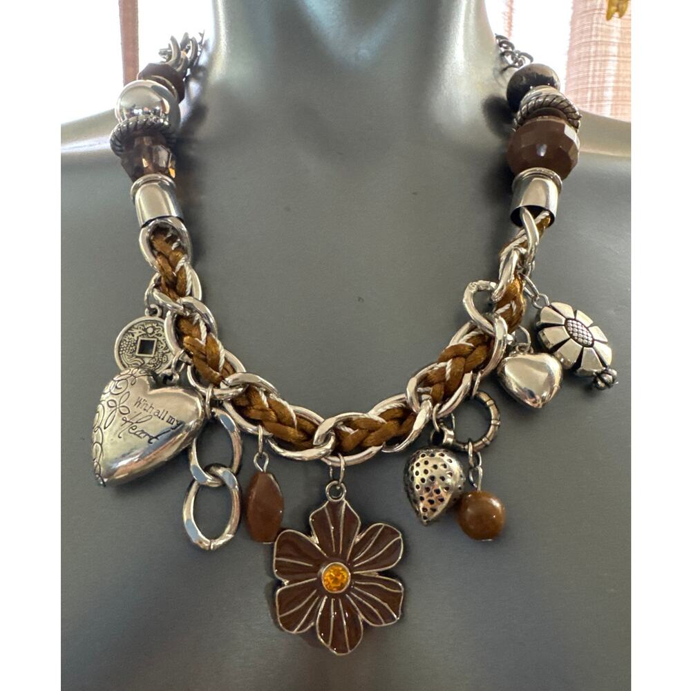 Brown & Silver Braided Cord & Chain Necklace Flower, Strawberries, Hearts Charms